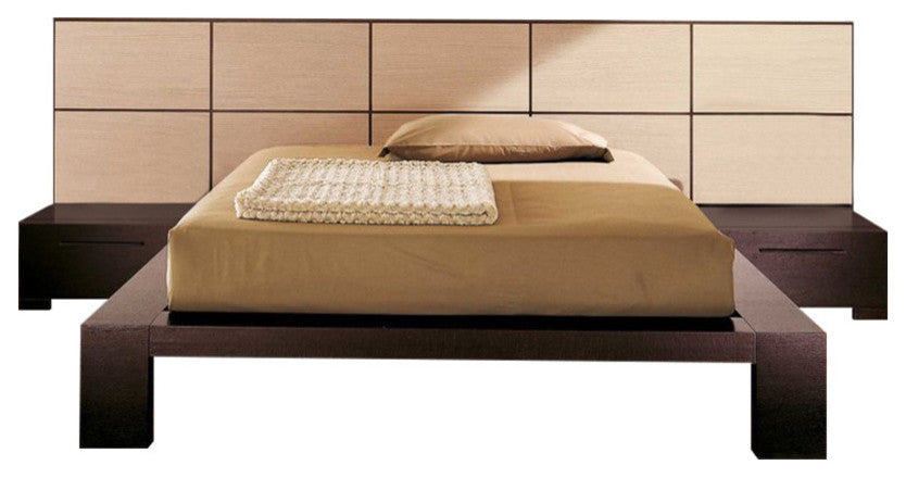 Yoko Bed With 2 Nightstands, Wenge With Natural Wood Panel, Queen