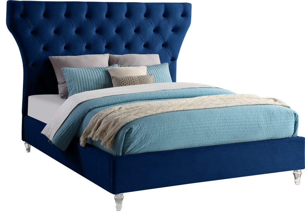 Kira Velvet Upholstered Bed, Navy, Queen