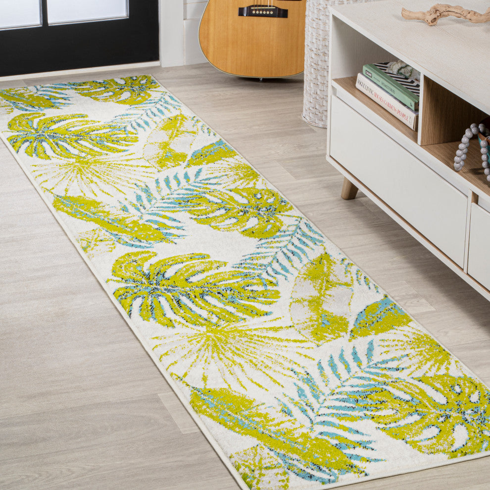 Monstera Tropical Leaves Ivory/Green 2'x8' Runner Rug