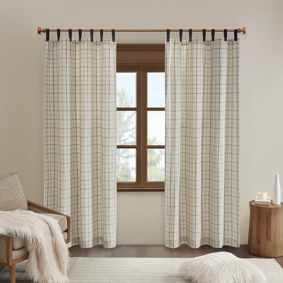 Madison Park Anaheim Plaid Window Panel with Fleece Lining, Beige, Beige, 50x84", Leather Tap Window Panel