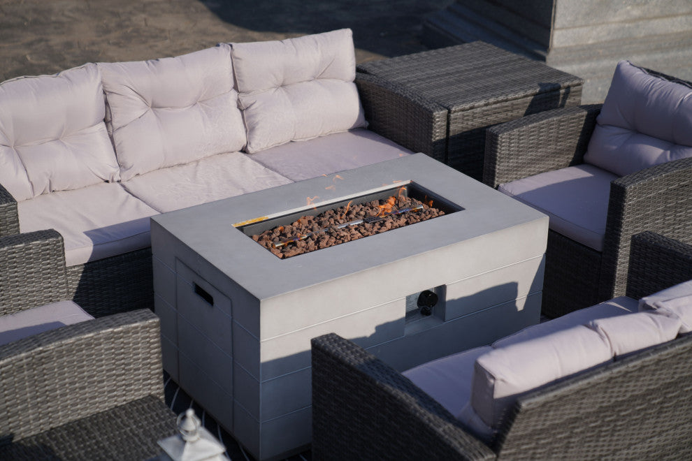 7-Piece Outdoor Rattan Conversation Sofa Set with Fire Pit Table, Brown, Rectangle