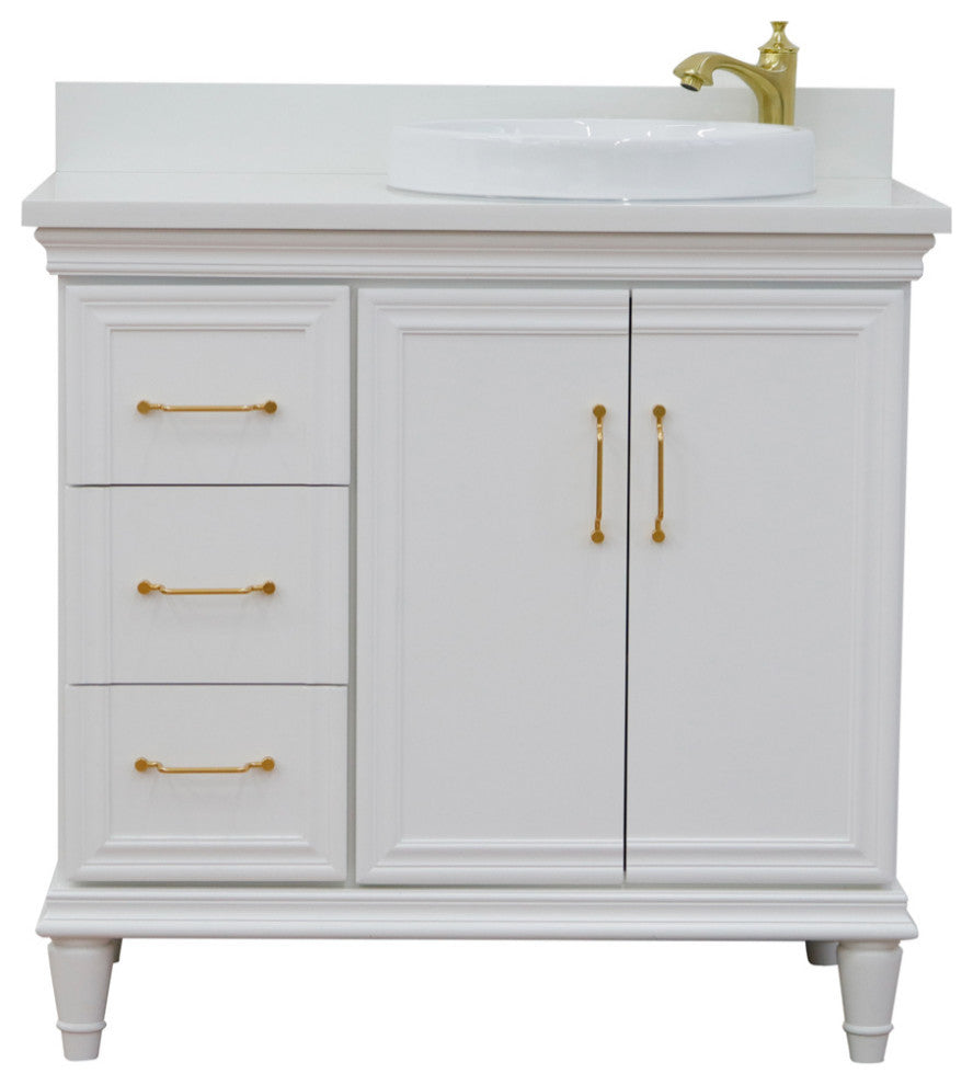 37" Single Vanity, White Finish With White Engineered Stone Top