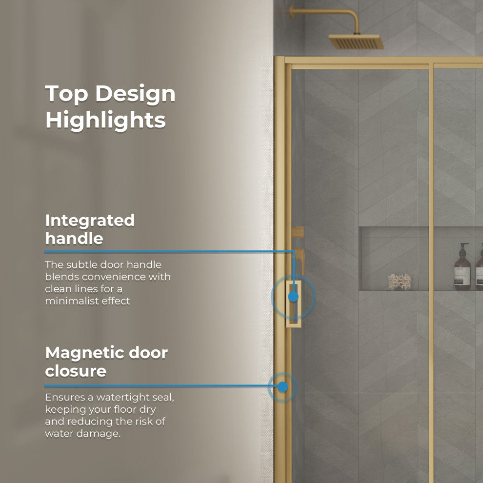 Stanford Sliding Fluted Alcove Shower Door, Brushed Gold, Clear Glass, 48"
