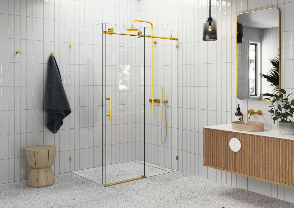 48"-52"x36"x78" Frameless Sliding Shower Door With Return Panel, Satin Brass