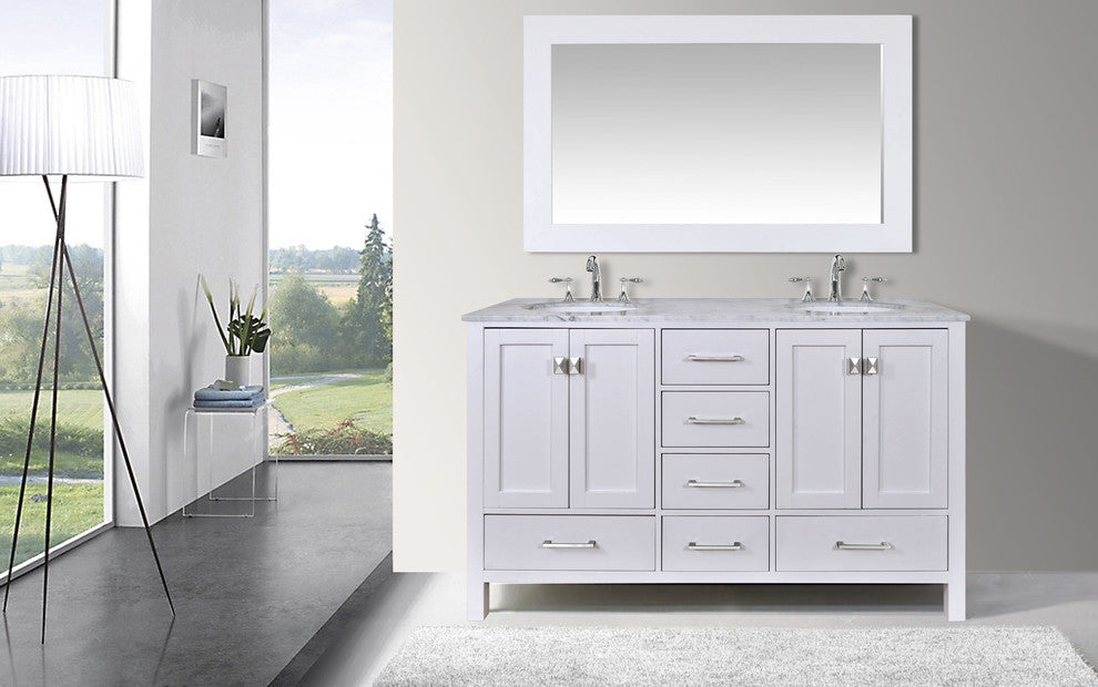 60" Malibu Pure White Double Sink Bathroom Vanity, Mirror