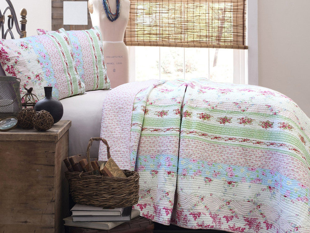 Blooming Spring Floral Reversible 100%Cotton Quilt Set, Full/Queen Set