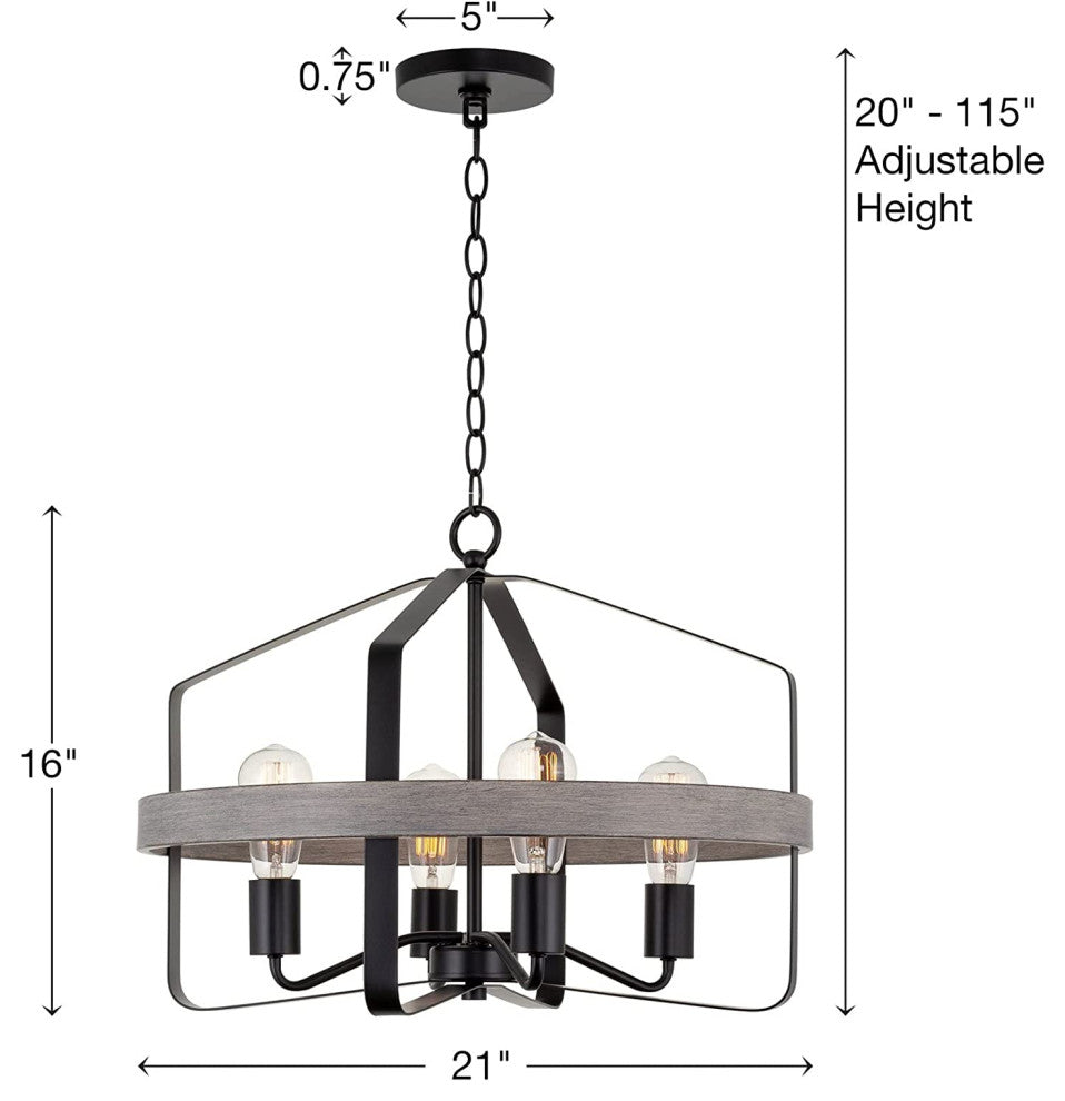 4 Light Farmhouse Chandelier Industrial Black Pendant Light With Wood Style
