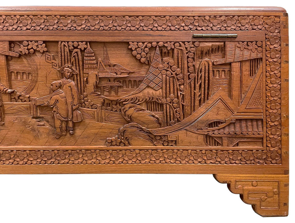 Consigned Early 20th Century Chinese Carved Camphor Wooden Trunk, Hope Chest