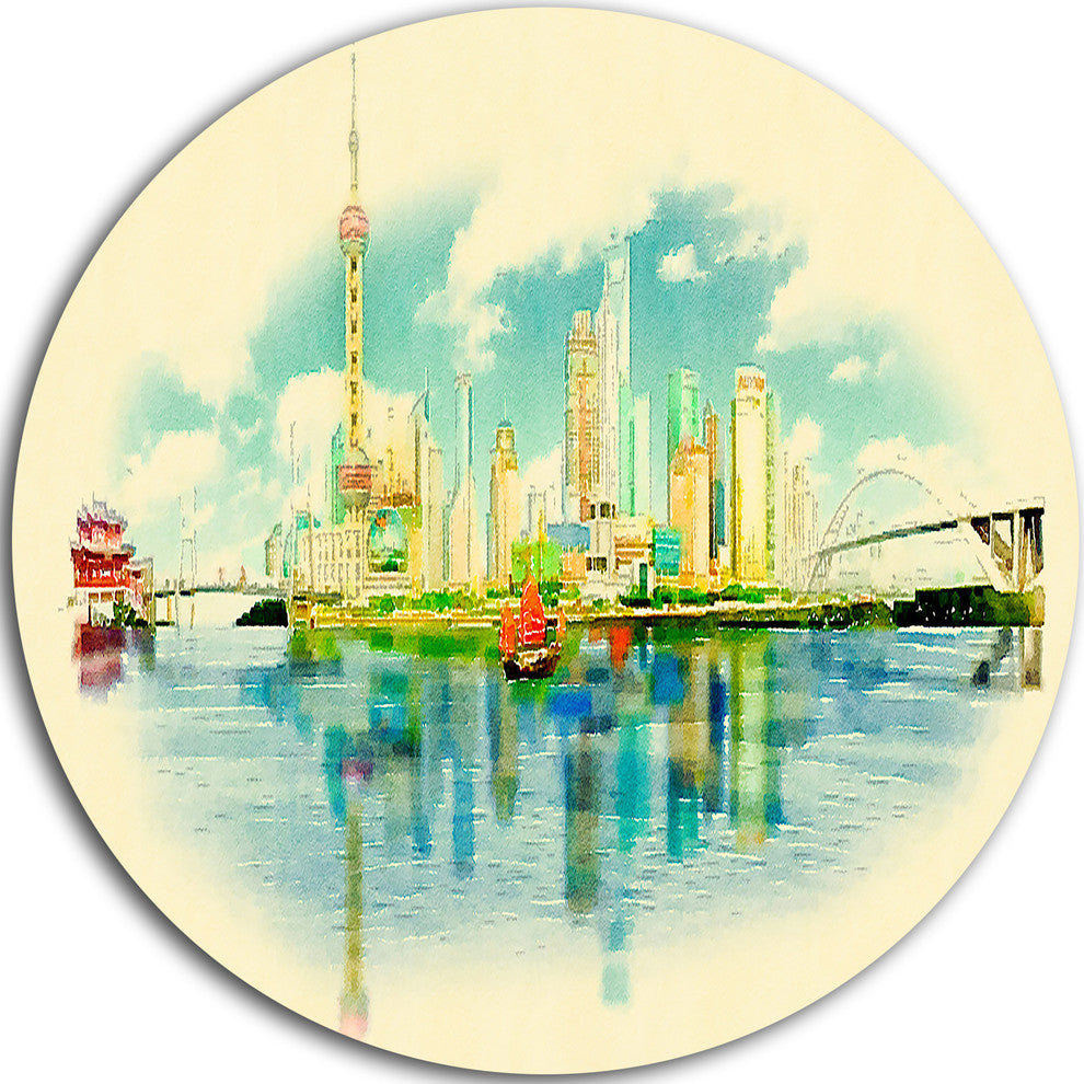 Shanghai Panoramic View, Cityscape Watercolor Round Wall Art, 36"