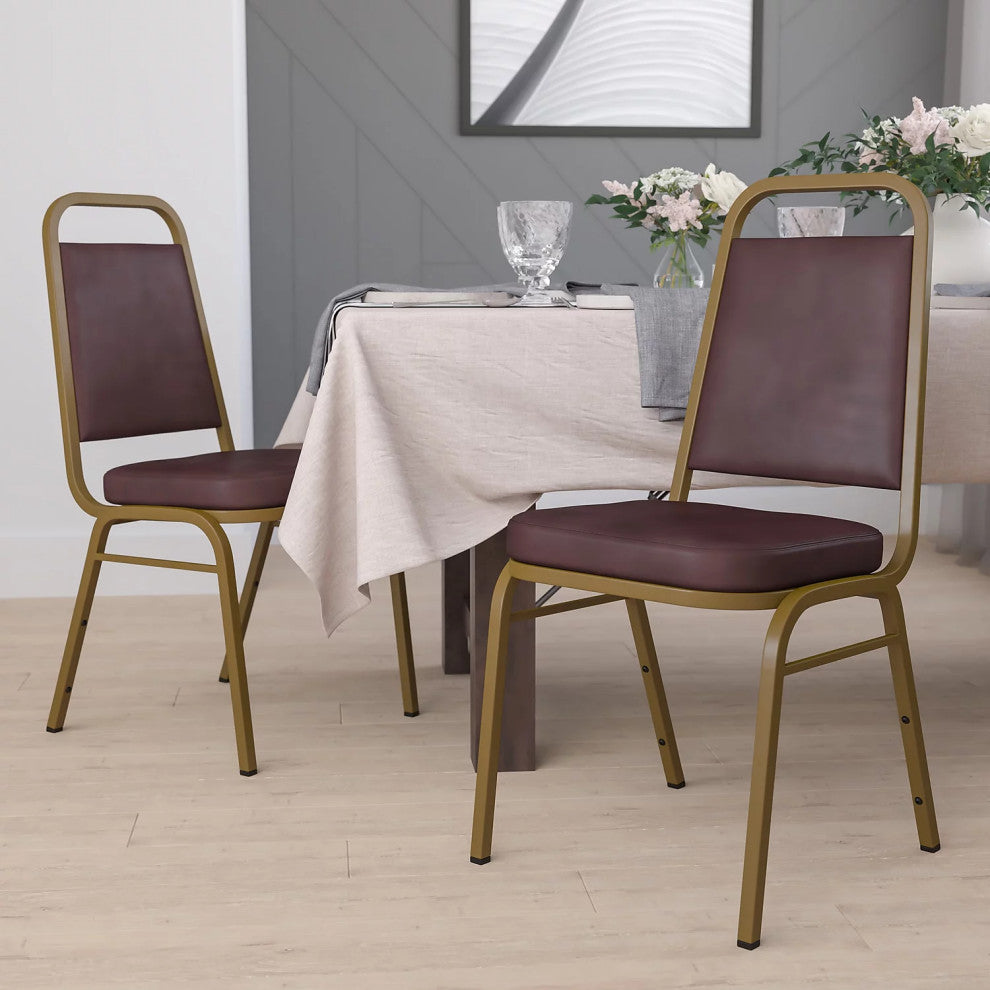 4 Pack Dining Chair, Padded Seat & Trapezoid Back, Brown Vinyl/Gold