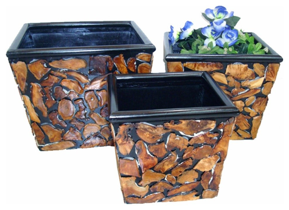 Set Of 3 Wooden Planter, Brown And Black
