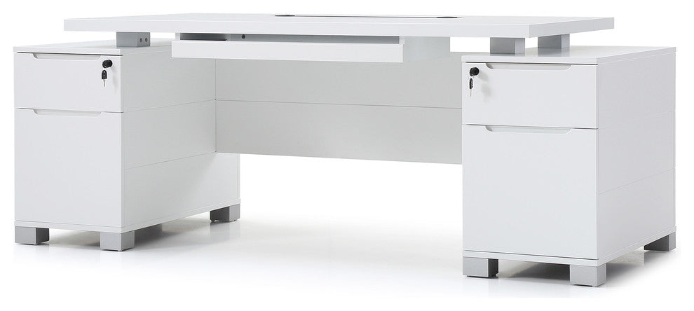 79"� Modern Ford White Matte Lacquer Desk Storage/Filing Drawers Keyboard Tray
