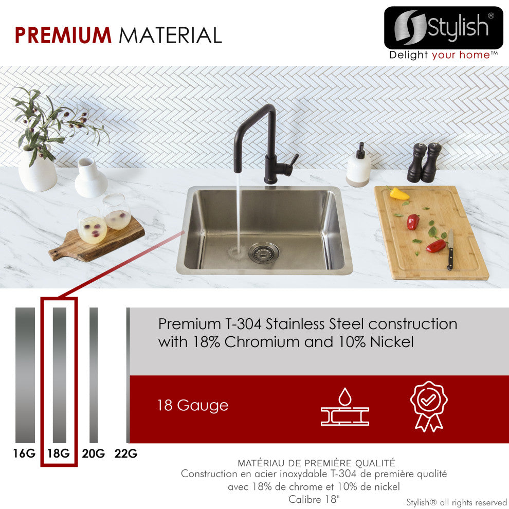 STYLISH 23 inch Single Bowl Undermount and Drop-in Stainless Steel Kitchen Sink