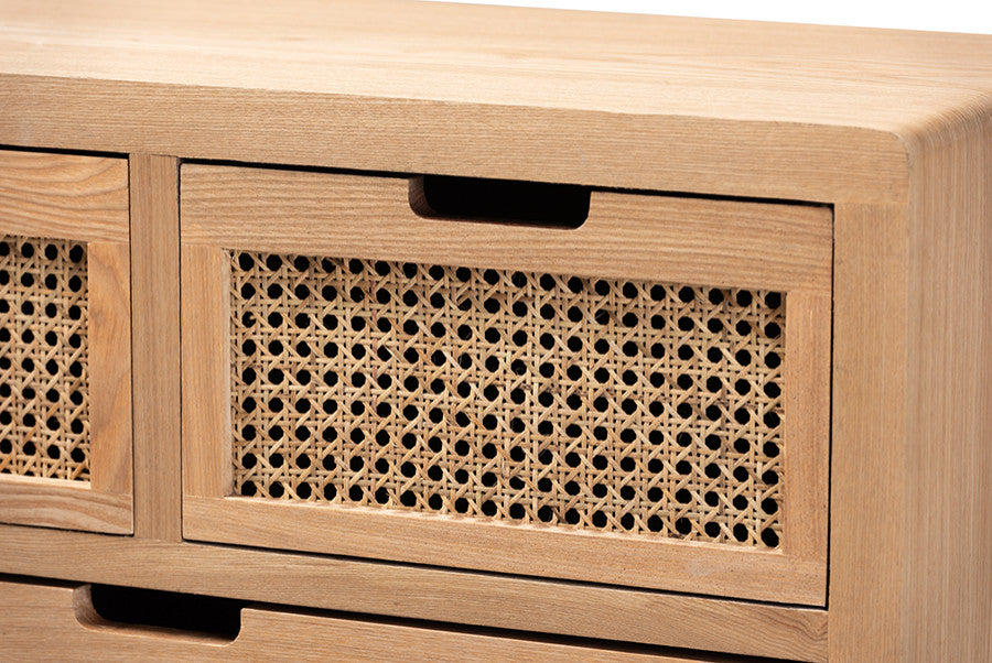 Alina Modern Medium Oak Finished Wood and Rattan 4-Drawer Accent Storage Cabinet