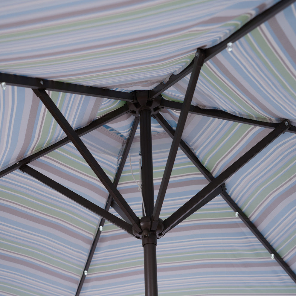 9' Outdoor Patio Steel Market Umbrella With 24 LED Lights, Blue Striped