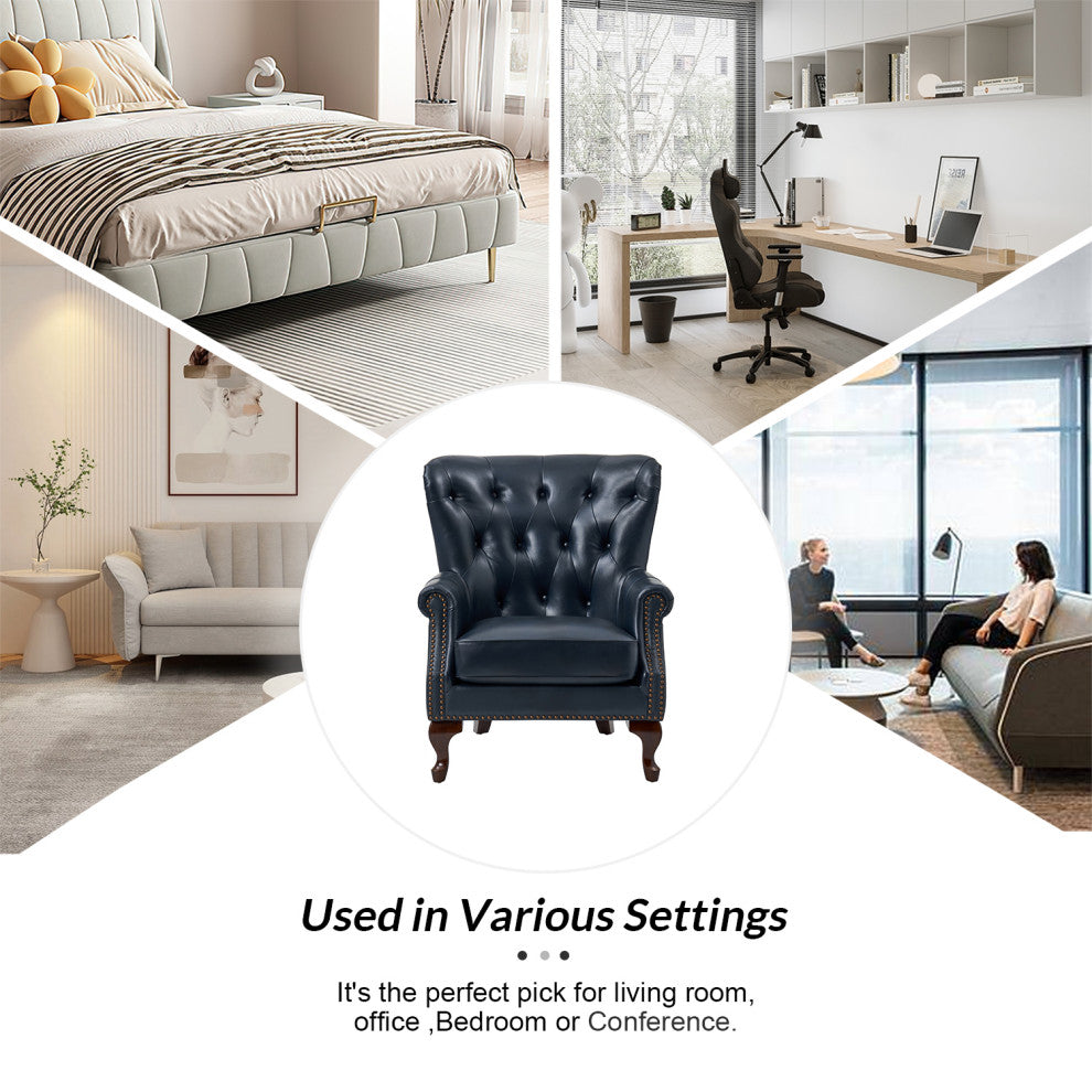 Genuine Leather Armchair With Removable Cushion, Navy
