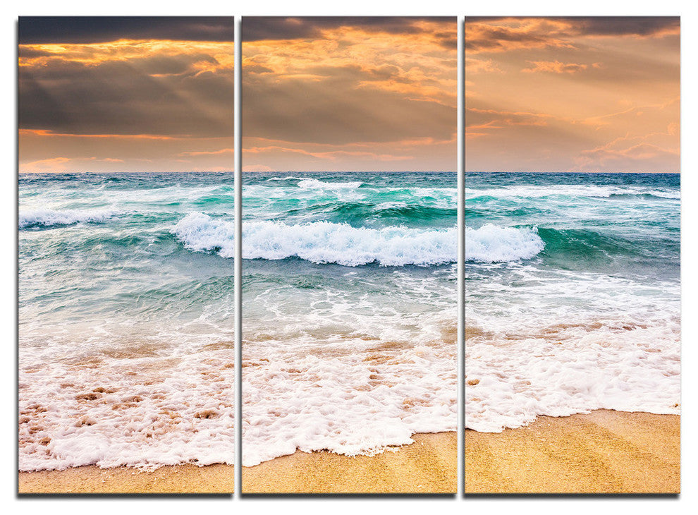 "Blue Sea Waves Kissing Sandy Beach" Metal Wall Art, 3 Panels, 36"x28"