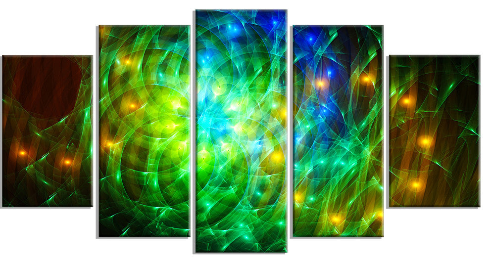 Green Fractal Symphony of Colors, Abstract Wall Art Canvas, 60"x32", 5 Panels
