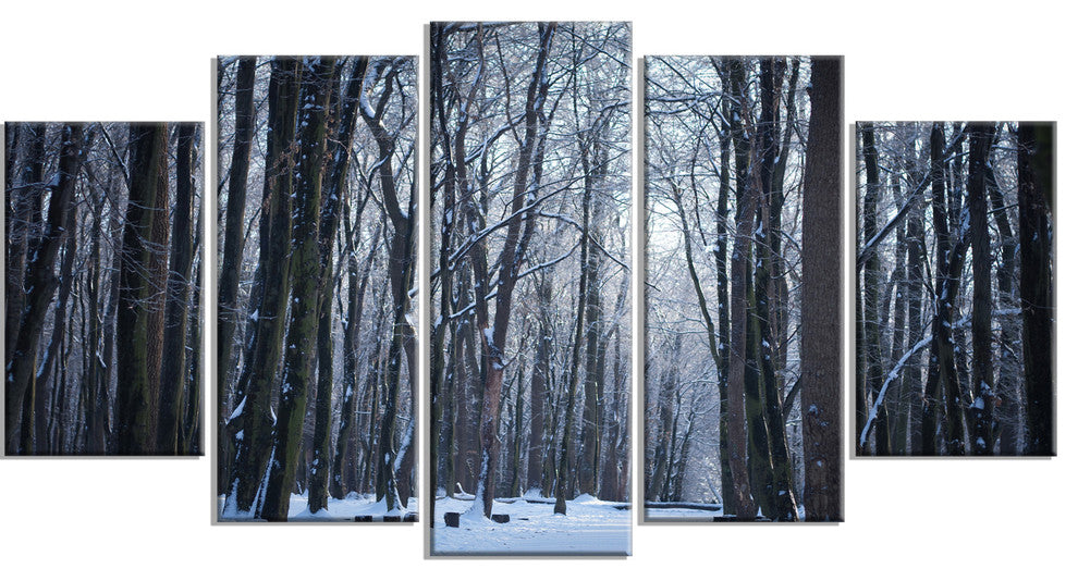 Thick Woods in Winter Forest, Modern Forest Canvas Art, 60"x32", 5 Panels