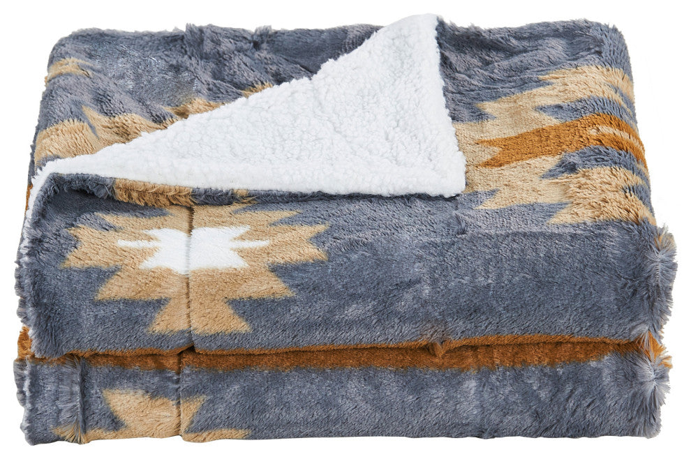 Southwest Faux Fur & Sherpa Backing Throw Blanket, Gray, 60" X 80"