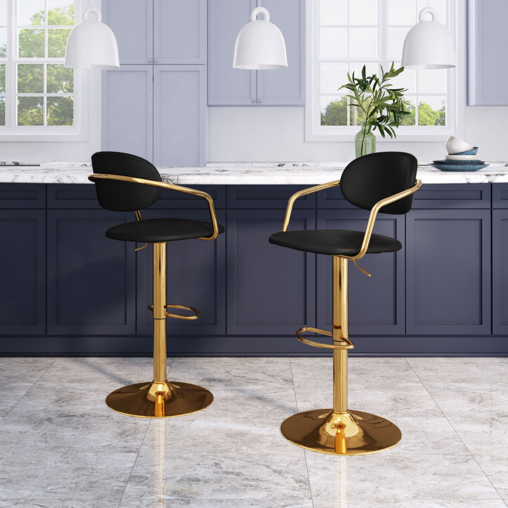 Bar Stool Chair Barstool, Faux Vinyl Leather, Steel, Black, Gold, Cafe Bistro
