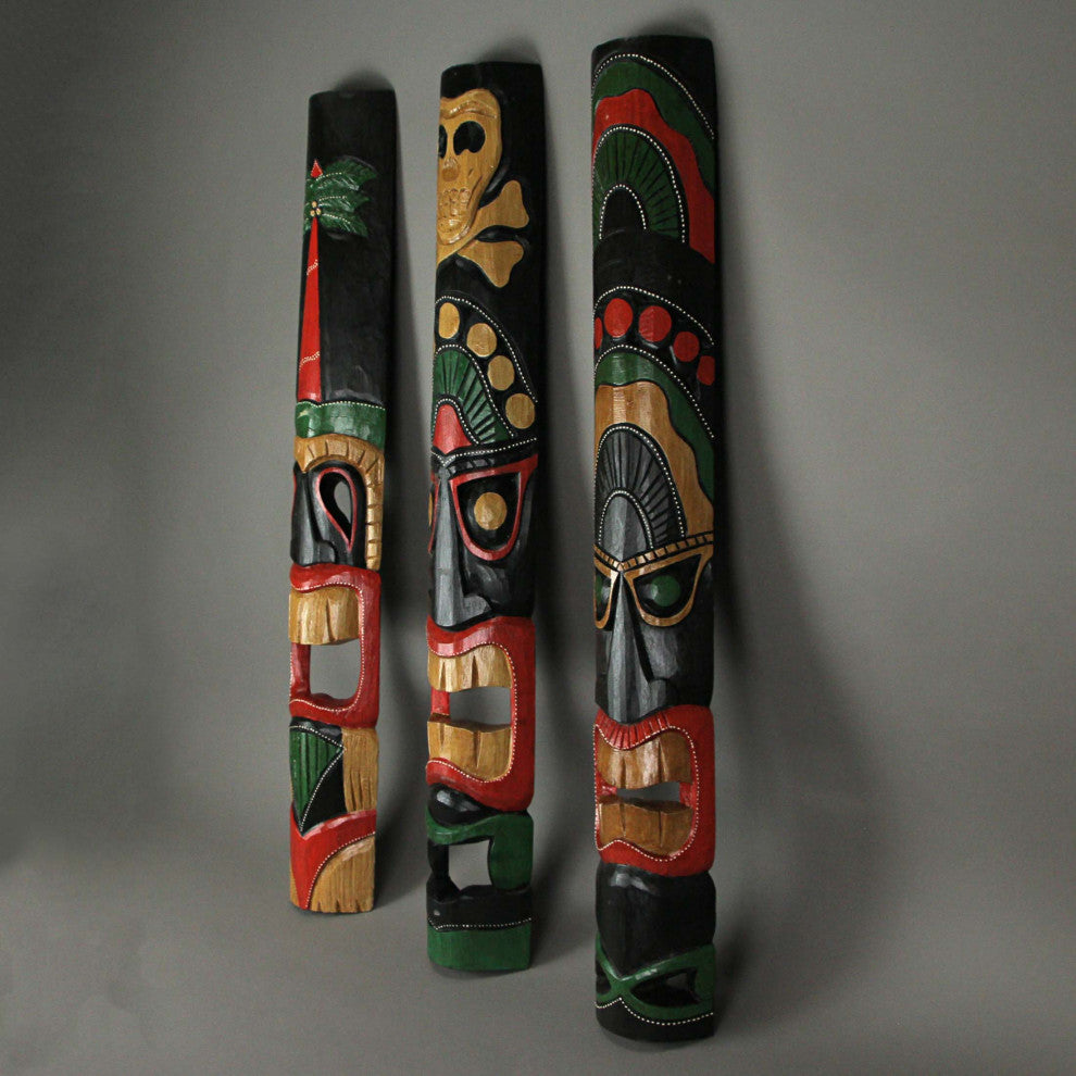 Set of 3 Hand Carved 39 Inch Tall Island Style Polynesian Tiki Masks