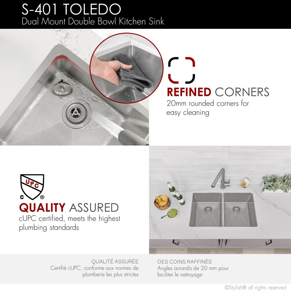 STYLISH 31 inch Double Bowl Undermount Stainless Steel Kitchen Sink