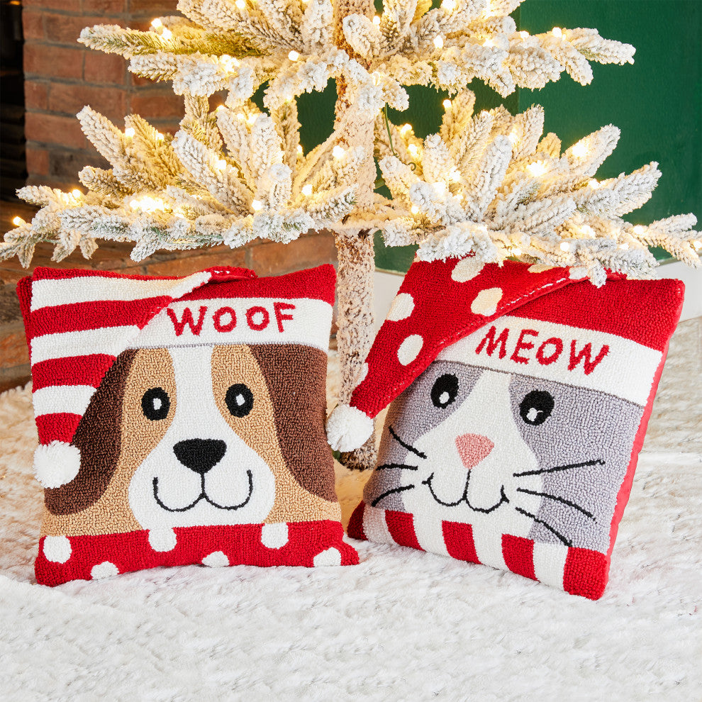 2pk 14"L Hooked 3D Meow and Woof Pillow