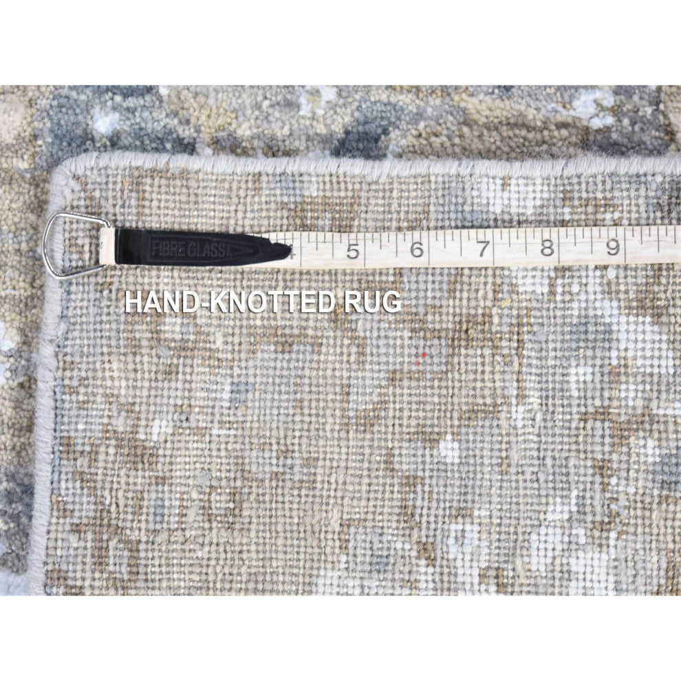 Gray, Modern Abstract Design, Hand Knotted Pure Wool, Runner Rug, 2'6"x10'6"