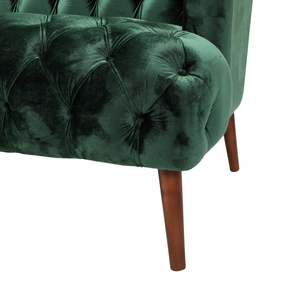 Esther Modern Glam Tufted Velvet 3 Seater Sofa, Emerald, Walnut Finish