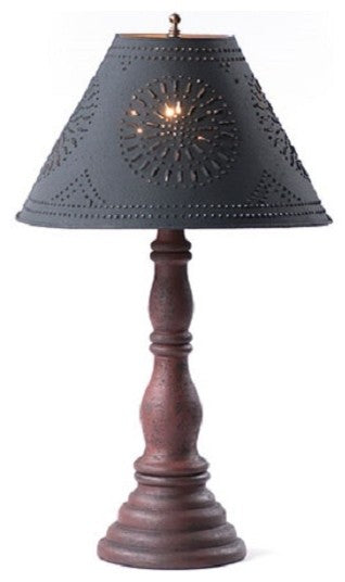 Wood Table Lamp With Punched Tin Shade USA Handmade Davenport, Americana Red