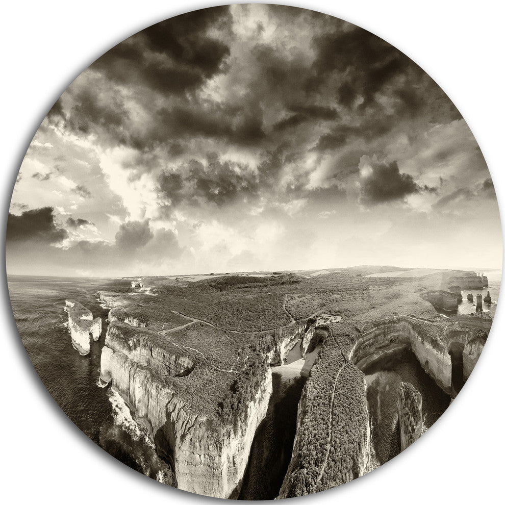 Aerial View Of Ocean Road Black, Seascape Large Disc Metal Artwork, 11"