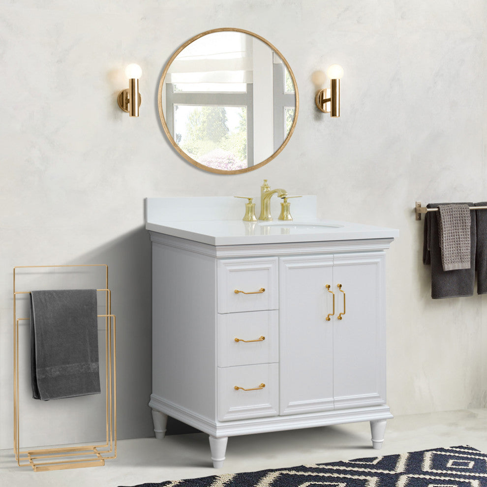 37" Single Vanity, White Finish With White Engineered Stone Top