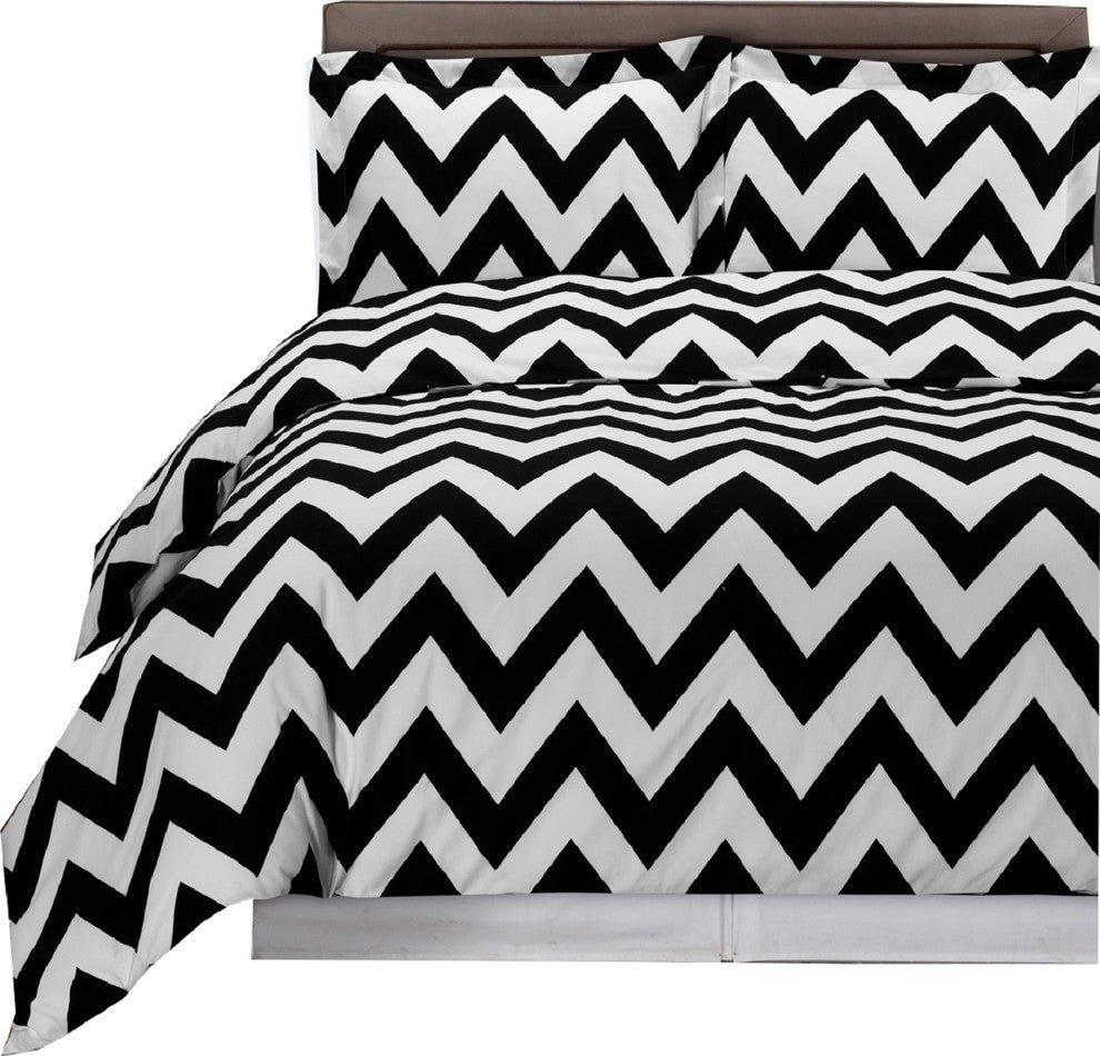 Chevron Printed 100% Cotton Duvet Cover Set, Black and White, King/Cal King