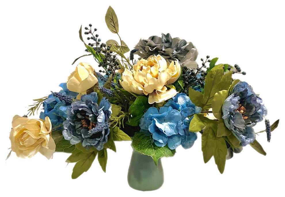 Spring All Season Floral Arrangement Blue Ivory Peony Hydrangea 22x16