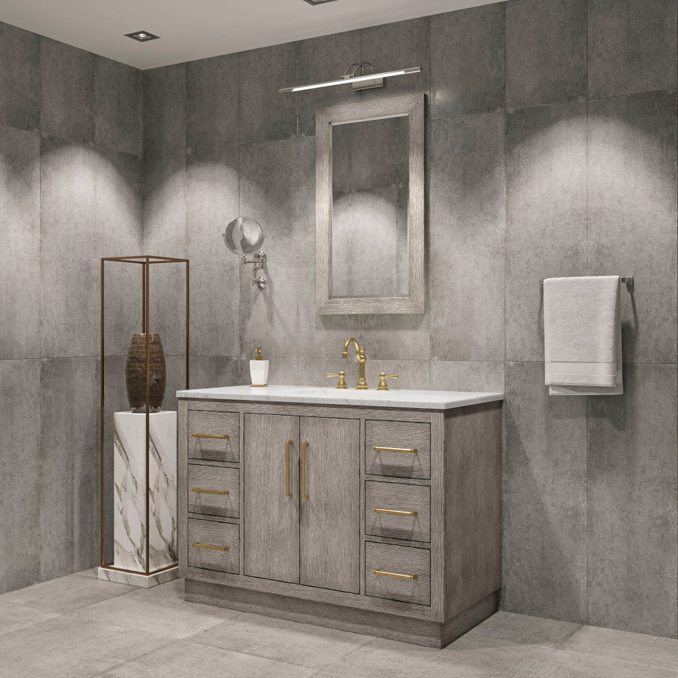 Hugo 48 Single Sink White Marble Countertop Vanity, Gray Oak With Mirror