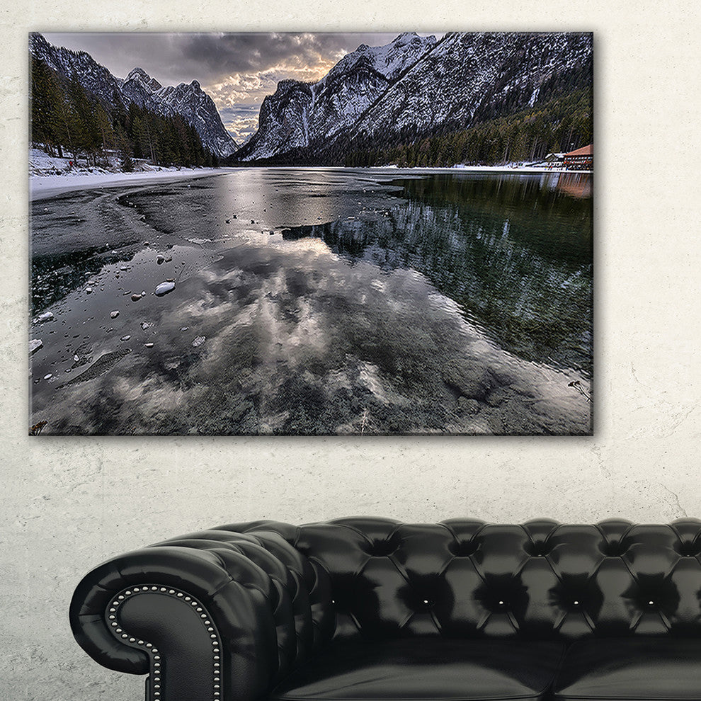 "Black Icy Mountain Lake With Snow" Landscape Wall Art, 1 Panel, 60"x28"