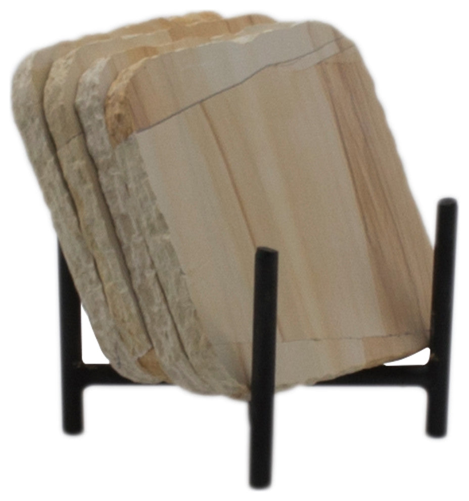 4-Piece Chiseled Coaster Set with Metallic Caddie, Teak Stone