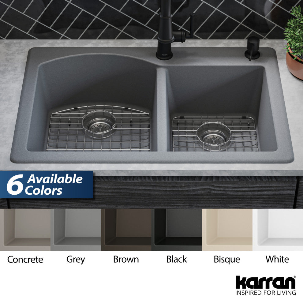 Karran Drop-In Quartz 33" 1-Hole 60/40 Double Bowl Sink Kit, Grey