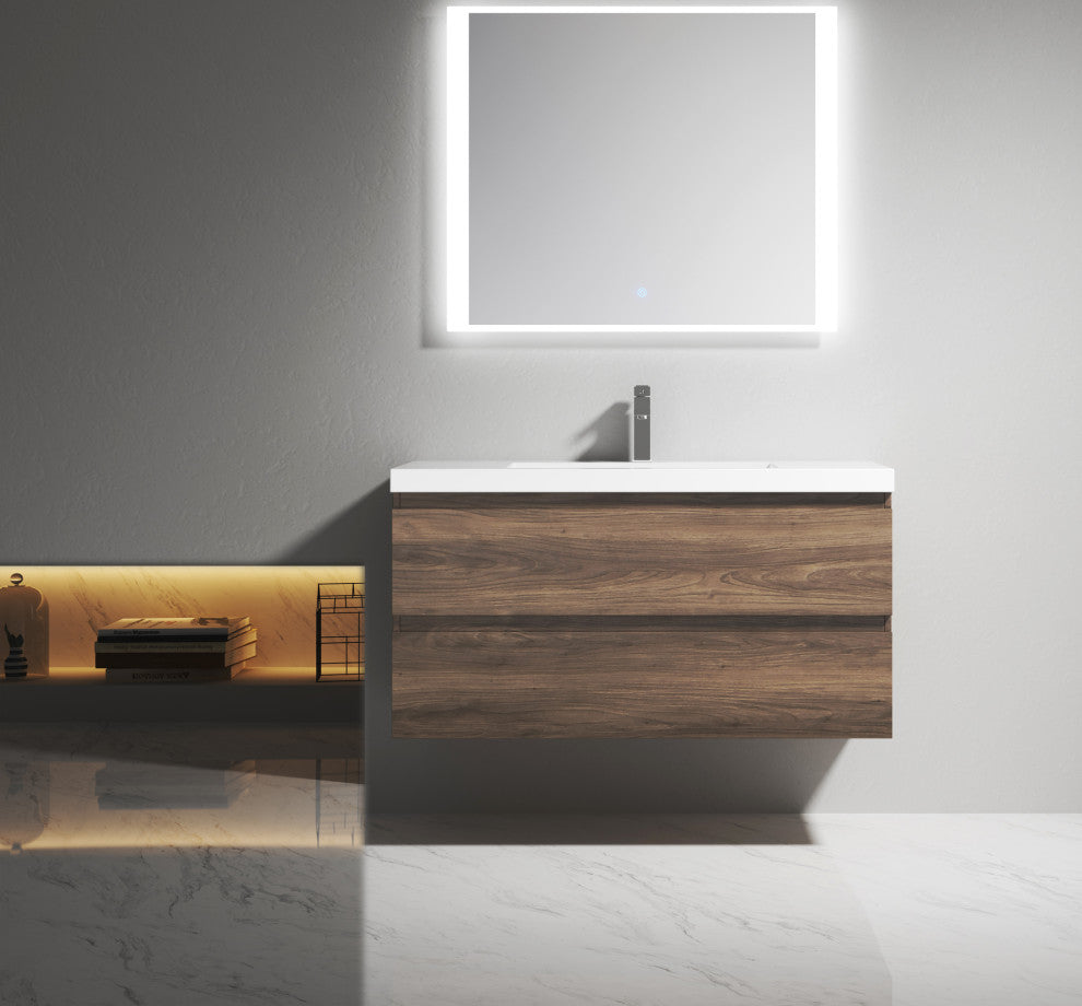Alma-Pre Wall Mount Vanity With White Sink, Ebony Brown, 42"