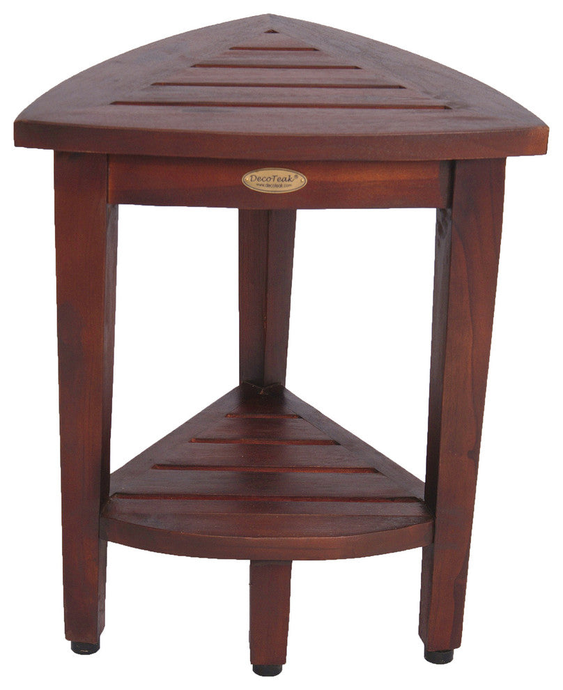 Oasis Teak Corner Shower Stool, Table With Shelf, 16"x15"x18"
