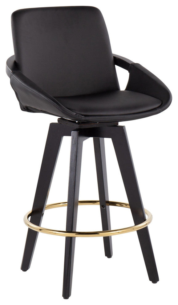 Cosmo Swivel Fixed-Height Counter Stool, Set of 2, Black/Gold/Black PU