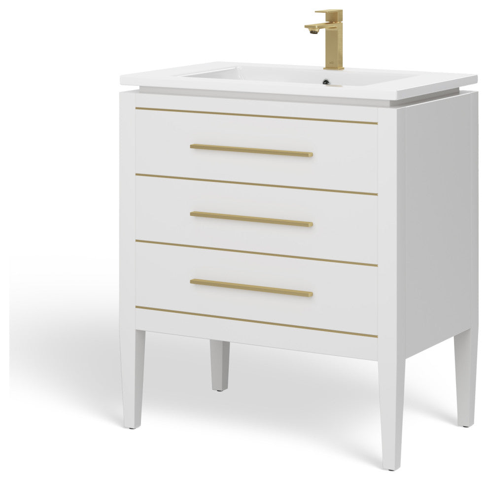 Celios Bathroom Vanity, White With Brass Trim, 30", Single Sink, Freestanding
