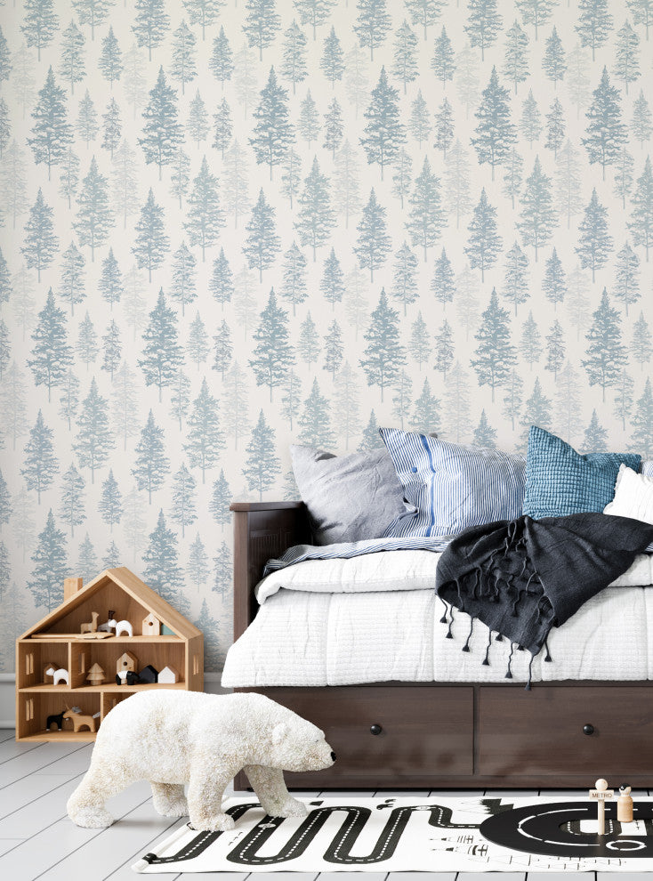 Illustrated Evergreen Forest Peel and Stick Vinyl Wallpaper, Winter Blue, 24"x108"