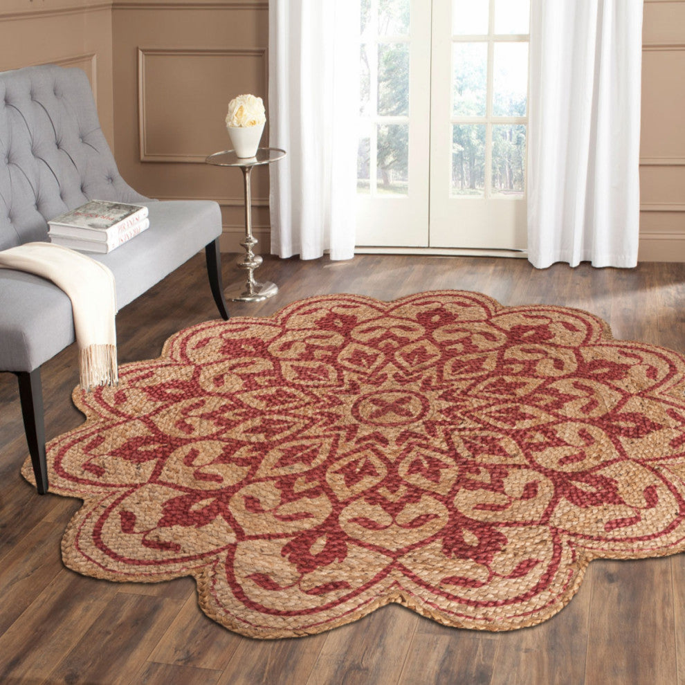 6" Round Tan and Red Boho Chic Area Rug