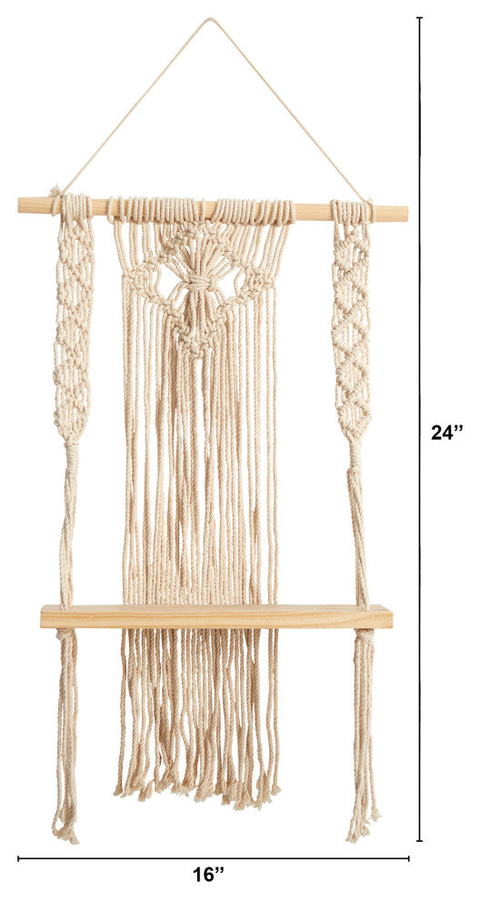 24" Boho Chic Wood Macrame Single Shelf Woven Diamond Wall Art Decor