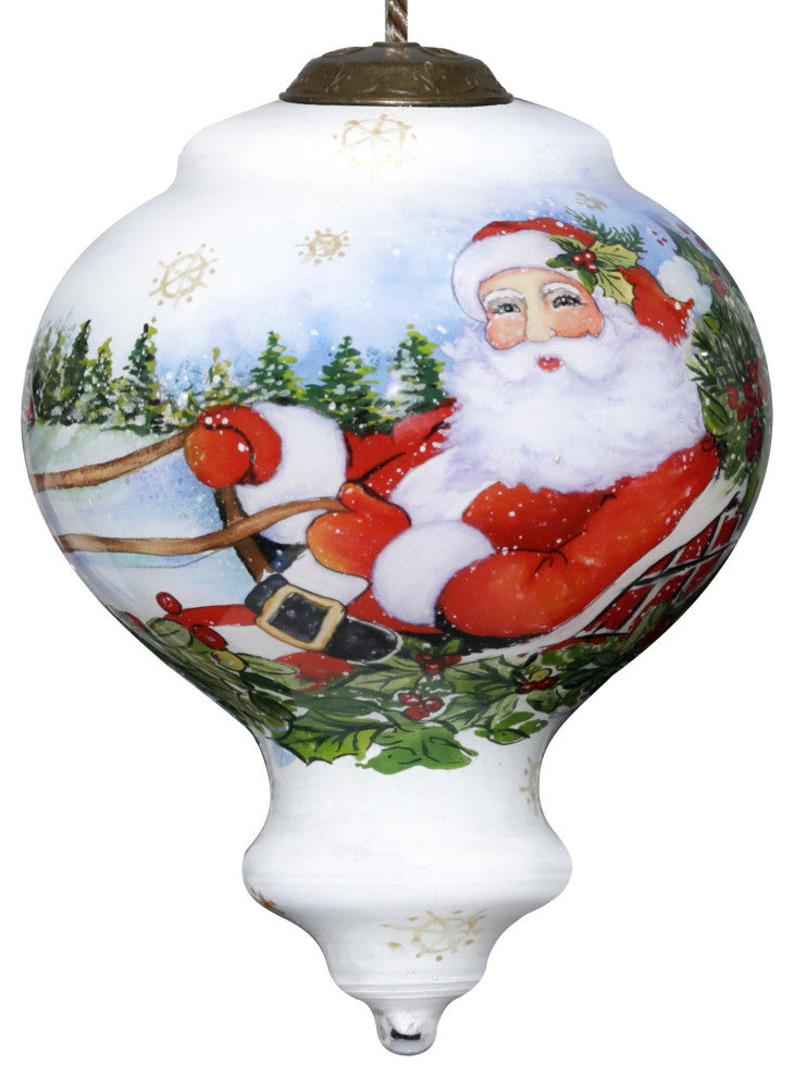 Santa Riding a Sleigh Hand Painted Mouth Blown Glass Ornament