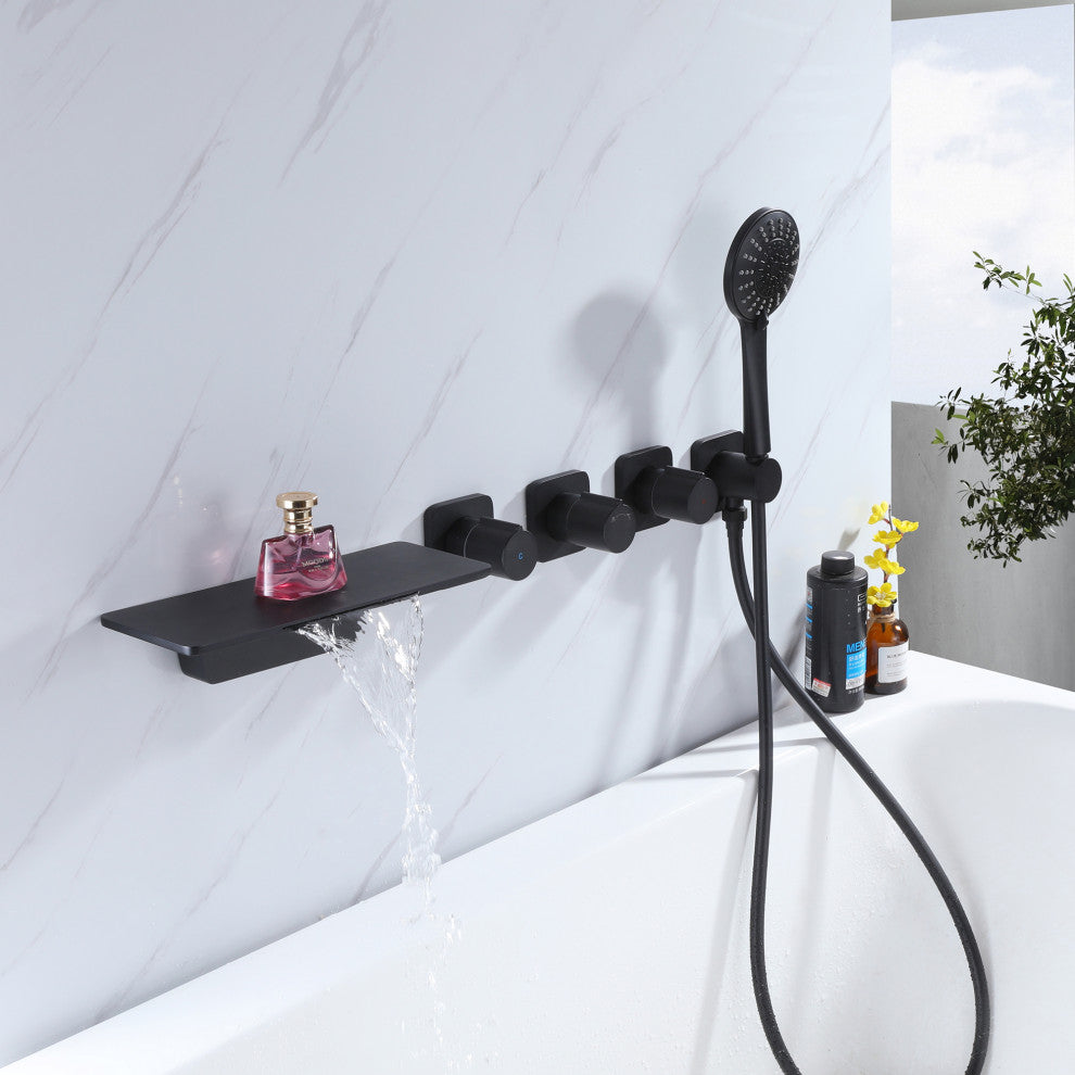 Triple Handles Wall Mounted Tub Faucet with Multi Function Hand Shower