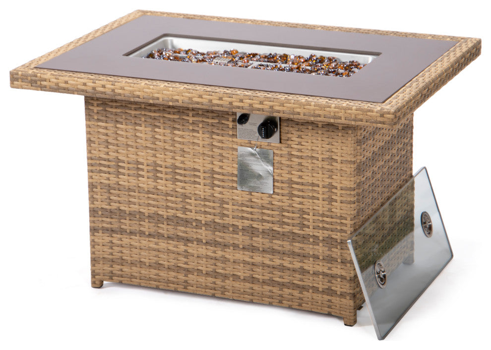 Outdoor Rectangular Fire Pit Table 55,000 BTU Wicker Design, Light Brown