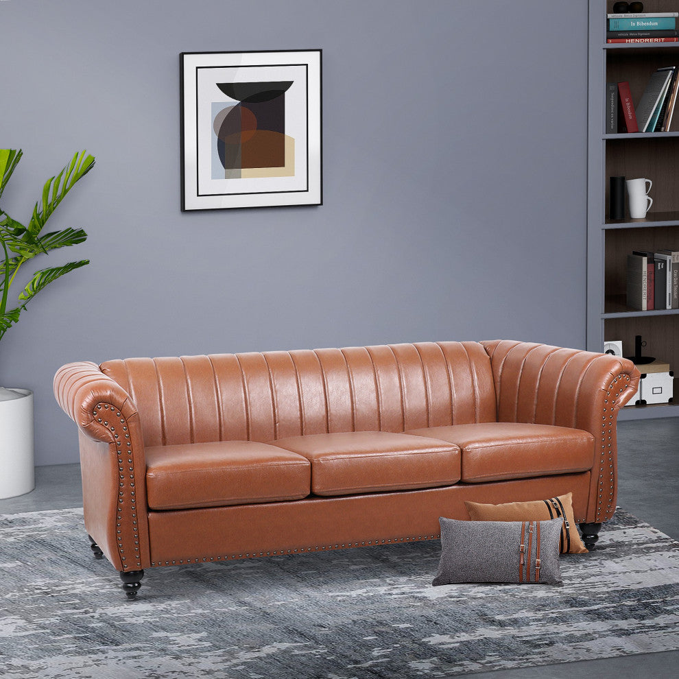 83" Faux leather Rolled Arm Sofa with Nailhead Trim, Brown, 83'' X 33''